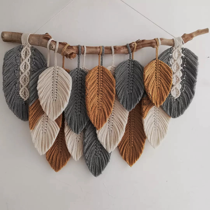 手工编织彩色流苏羽毛树叶挂毯波西米亚壁挂墙饰diy材料包成品