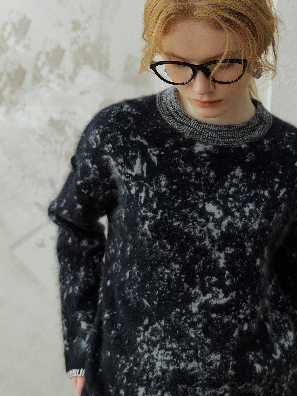 水墨撞色提花羊毛拉绒针织衫女