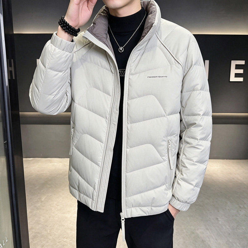 冬季外套男士立领拼接羽绒服高级感轻薄保暖时尚白鸭绒棉衣外套潮