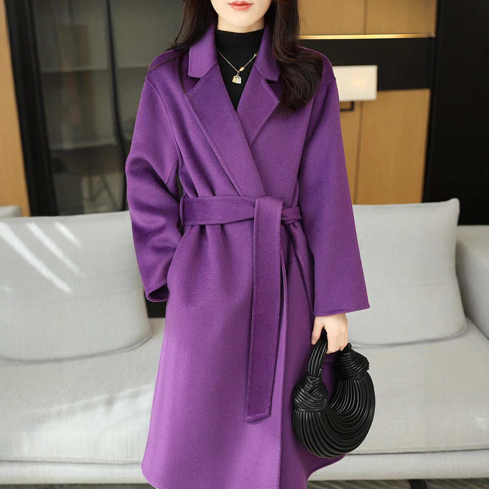 2026韵味紫色浴袍款双面羊绒大衣女长款宽松秋冬高级感羊毛大衣