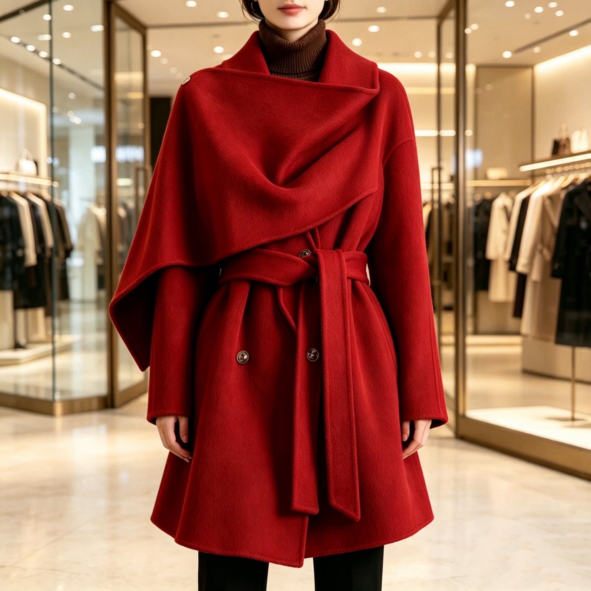 私人订制2026秋冬复古围裹披肩领双面羊绒大衣女带中长款双面羊毛