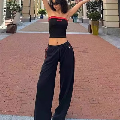 iamgia美式辣妹复古运动套装黑红拼色重工刺绣抹胸上衣拖地阔腿裤