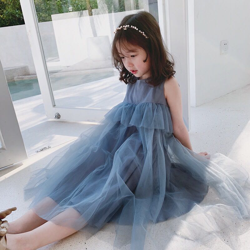 女童公主超仙百褶裙夏孔雀蓝无袖