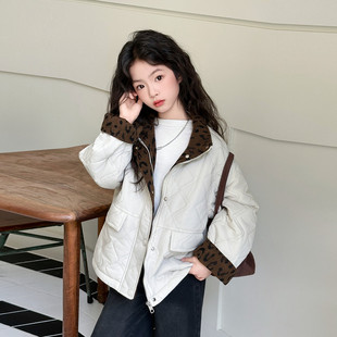 女童拼接菱形格子开衫 宽松保暖立领轻薄棉服上衣 棉衣外套2025新款