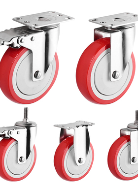5寸304不锈钢PU定向耐磨红色氨酯防锈脚轮/万向推车丝杆脚轮125MM
