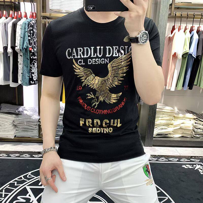 高端品牌男士印花t恤短袖时尚潮流polo衫圆领桑蚕丝上衣夏季薄款