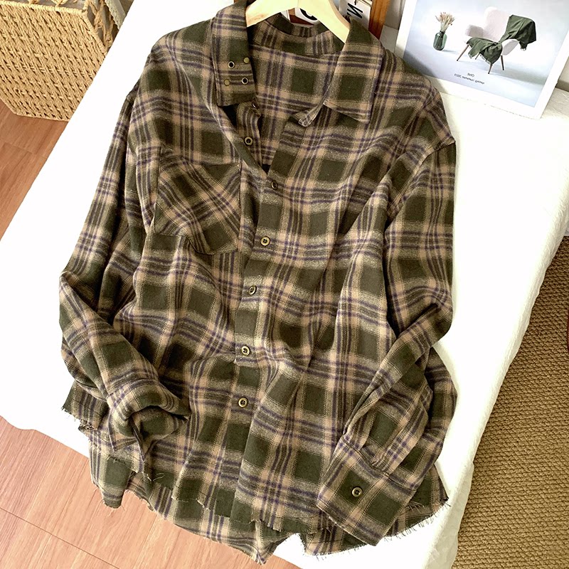 绿色格子翻领单排扣棉质衬衣秋季