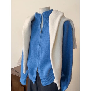 好好看穿搭！蓝色双拉链立领毛衣外套冬季新款高质量宽松针织开衫
