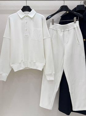 现货】一穿一个不吱声！2026秋冬白色翻领松紧腰阔腿直筒卫裤套装