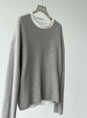 【现货封神穿搭】灰色针织衫毛衣女秋季圆领套头宽松显瘦长袖上衣