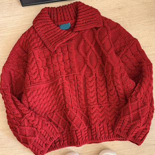 CHAO级推荐！红色翻领套头麻花毛衣早春新款单穿宽松软糯糯针织衫