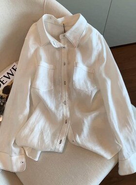 现货】白色丝麻明线翻领单排扣防晒衬衫女春季设计感单穿棉麻衬衣