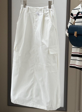 现货】白色高腰口袋工装风开叉花苞裙女夏季棉麻直筒休闲中长款裙