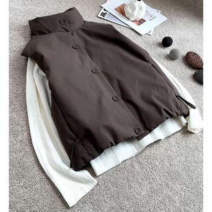 美拉德咖色立领排扣棉服背心外套女冬季新款保暖叠穿无袖马甲开衫