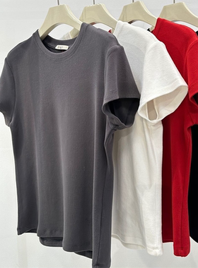 灰色正肩圆领基础款后中明线别致上衣女秋季双面磨毛软糯打底短袖