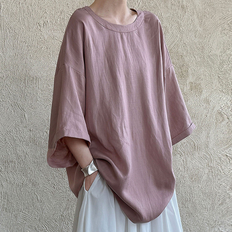 高智淡人的穿搭！樱花粉丝麻五分袖绑带T恤女春季圆领棉麻空调衫