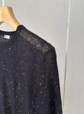 【现货封神穿搭】亮片黑色T恤针织衫春秋慵懒风毛衣长袖罩衫上衣