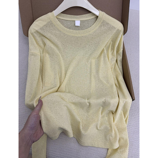 爆火の款!纸片人奶黄色圆领微透防晒T恤女早春新款垂感长袖罩衫