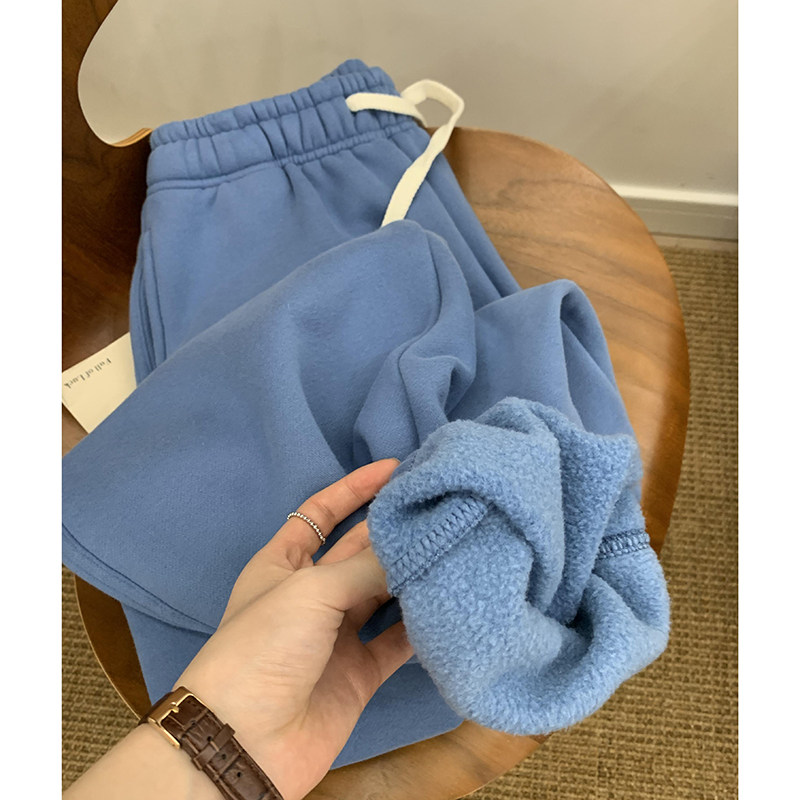 温柔风蓝色加绒松紧腰抽绳运动风卫裤冬季软糯加厚直筒休闲束脚裤