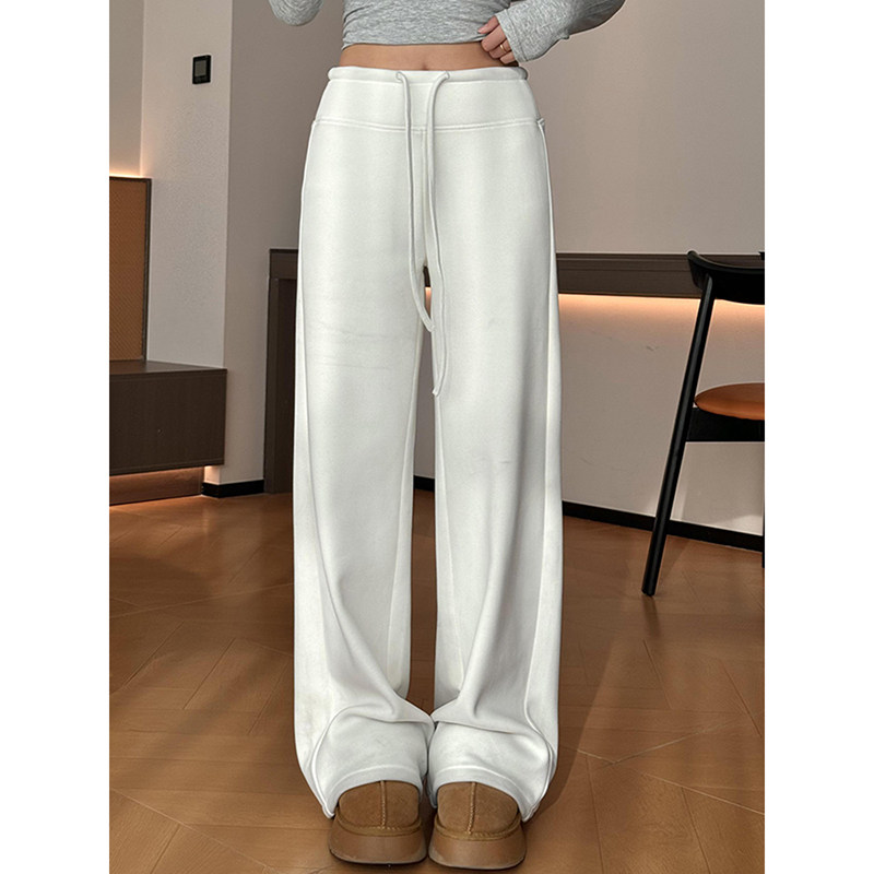 高质量奶芙白加绒绑带阔腿直筒卫裤女冬季运动风加厚垂感遛弯长裤