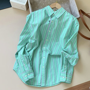 CHAO级穿搭 春季 新款 小清新单穿小外套 绿粉色竖条纹翻领排扣衬衫