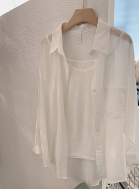 现货送吊带内搭】高质量白色翻领苎麻天丝衬衫早春单口袋防晒衬衣