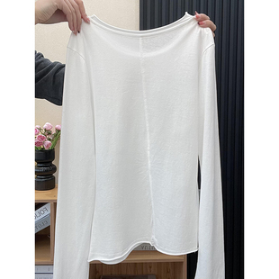 单穿空调小衫 白色圆领棉质卷边微透明线设计感T恤春季 一眼看中