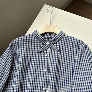 单穿气质小开衫 外套早春新款 韩系蓝格子娃娃领排扣衬衫 无D推荐