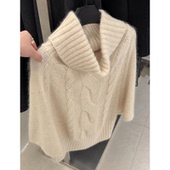 叠穿设计感针织小衫 现货 毛衣女冬季 新款 米杏色高领斗篷式 五分袖