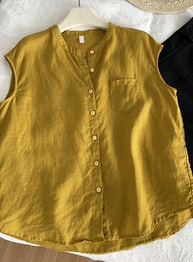 老钱风黄色苎麻单排扣圆领背心女夏季通勤亚麻贴袋无袖空调衫上衣