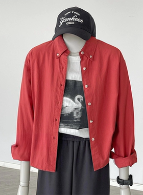 现货~好美腻vocal】2026春夏红色单排扣翻领短款衬衫纯色防晒衬衣