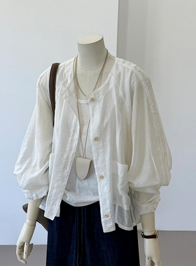 现货】极简风白色圆领单排扣亚麻微透外套女夏季苎麻防晒衬衣开衫