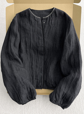 反手就是一个赞！】2026春黑灰色领口珠片亚麻衬衫微皱松紧袖外套