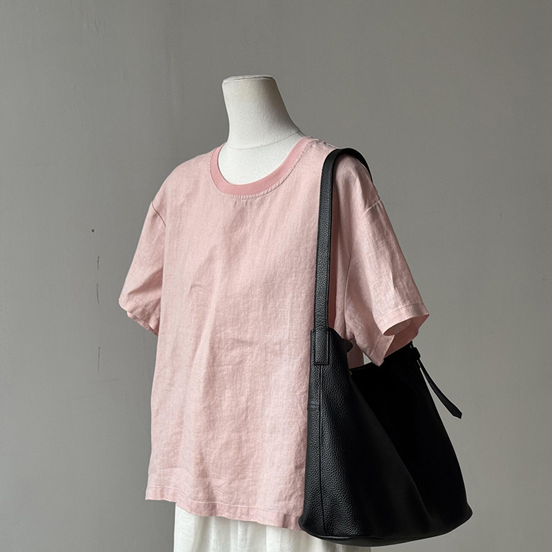 CHAO级推荐！减龄粉色圆领亚麻防晒短袖衫女春季新款套头空调T恤