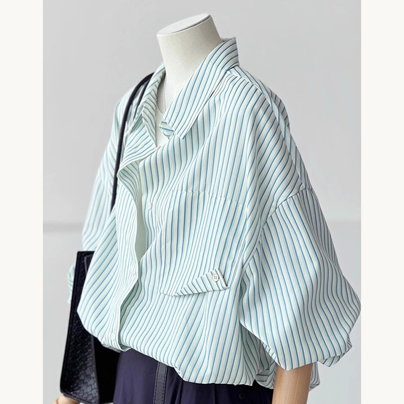 撞色条纹衬衫Polo翻领真丝衬衣