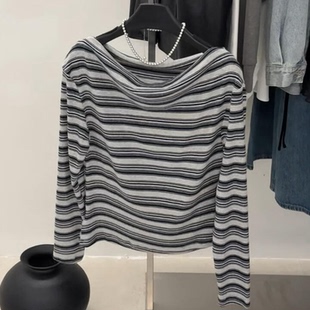 现货】慵懒风灰黑条纹领子两穿T恤女秋季含腰带荡领休闲时髦上衣