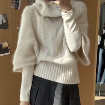 小香风米杏色高领斗篷式毛衣早春