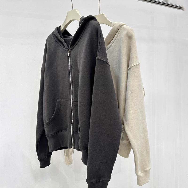 深灰色美式连帽宽松拉链卫衣外套女秋季慵懒风定制肌理感休闲外搭