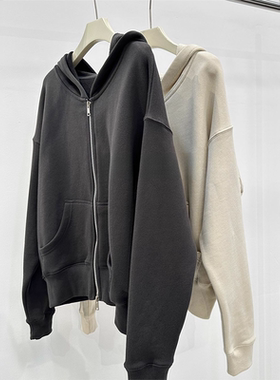 深灰色美式连帽宽松拉链卫衣外套女秋季慵懒风定制肌理感休闲外搭