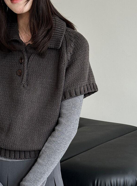 气质灰色翻领短袖三粒扣短款单穿毛衣冬季新款粗线百搭韩系针织衫