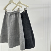 新款 浅灰色花苞高腰西装 毛呢半身裙女冬季 通勤百搭宽松直筒中长裙