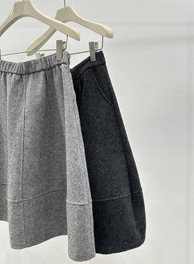 浅灰色花苞高腰西装毛呢半身裙女冬季新款通勤百搭宽松直筒中长裙