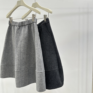 通勤百搭宽松直筒中长裙 新款 浅灰色花苞高腰西装 毛呢半身裙女冬季