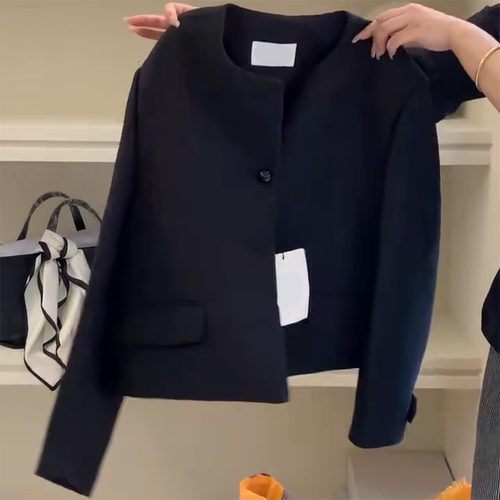 黑色短款小香风西装外套圆领开衫