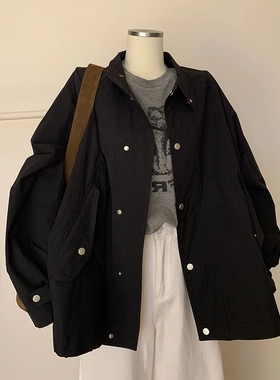 【现货封神穿搭】欧货休闲百搭黑色风衣女2026设计感夹克立领上衣