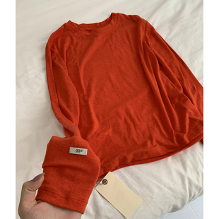 爆火の款！韩系橘红色天丝圆领长袖T恤2026年春季百搭通勤打底衫