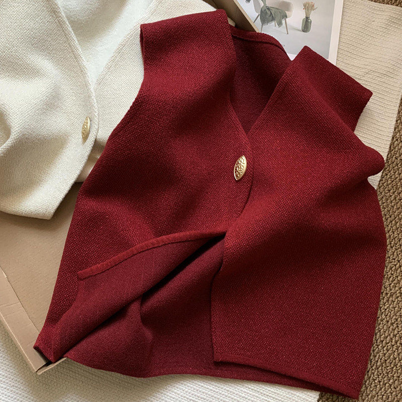 安克拉红V领一粒扣设计感马甲外套女冬季新款软糯小香风叠穿马夹,女装/女士精品,大码内搭,淘宝优惠券,粉丝福利购,淘宝优惠卷