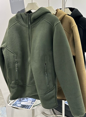 军绿色摇粒绒立领连帽拉链卫衣女冬季新款厚实加厚百搭高质量外套