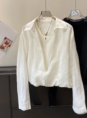 现货！老钱风白色深V领假俩件衬衫女2026年早春通勤百搭防晒衬衣