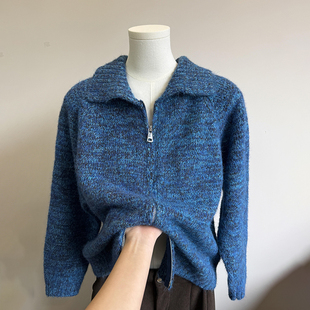 CHAO级推荐！花纱蓝双拉链翻领毛衣外套女早春新款高质量针织开衫